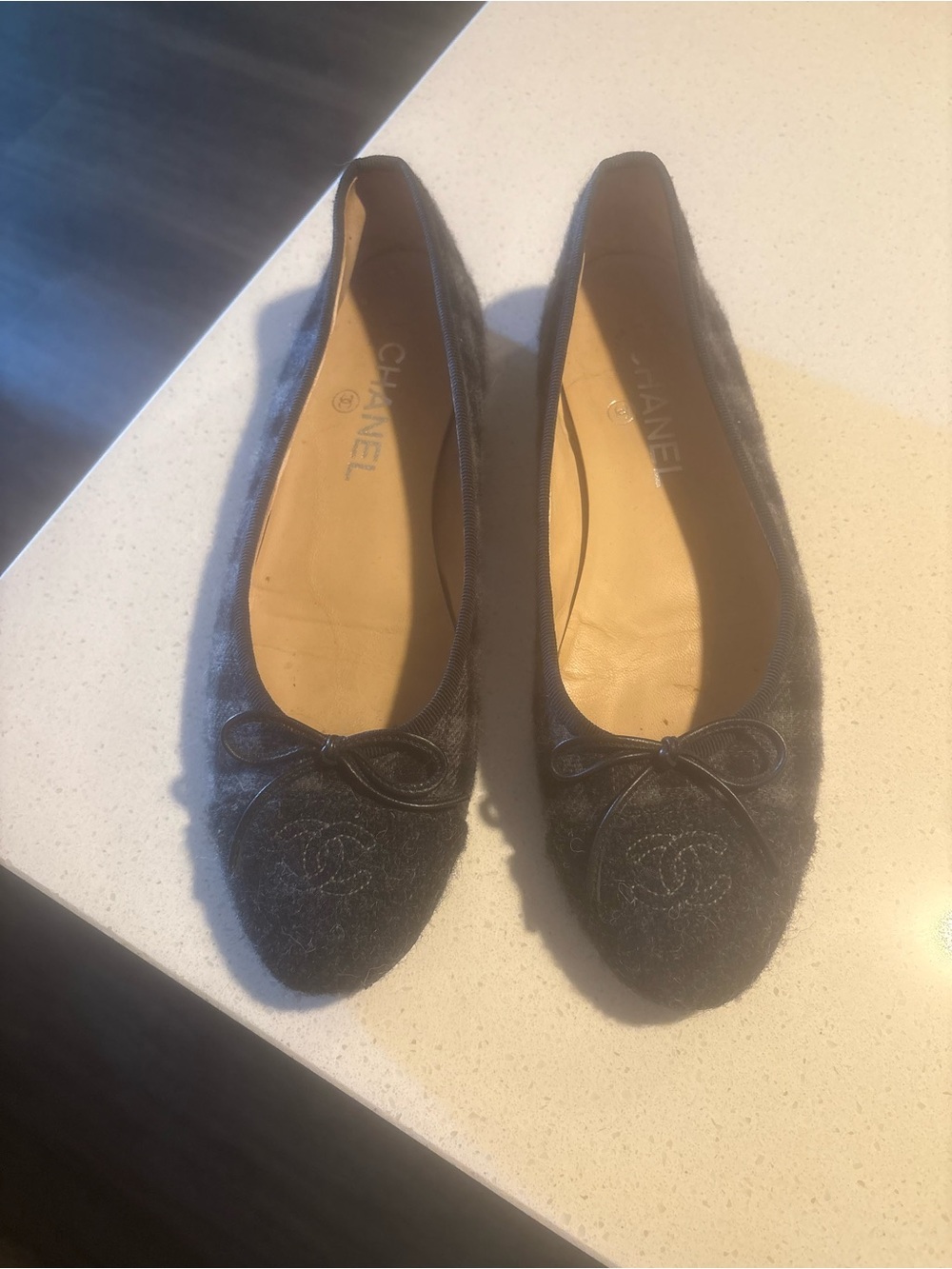 CHANEL Black Tweed CC Logo Ballet Flats
